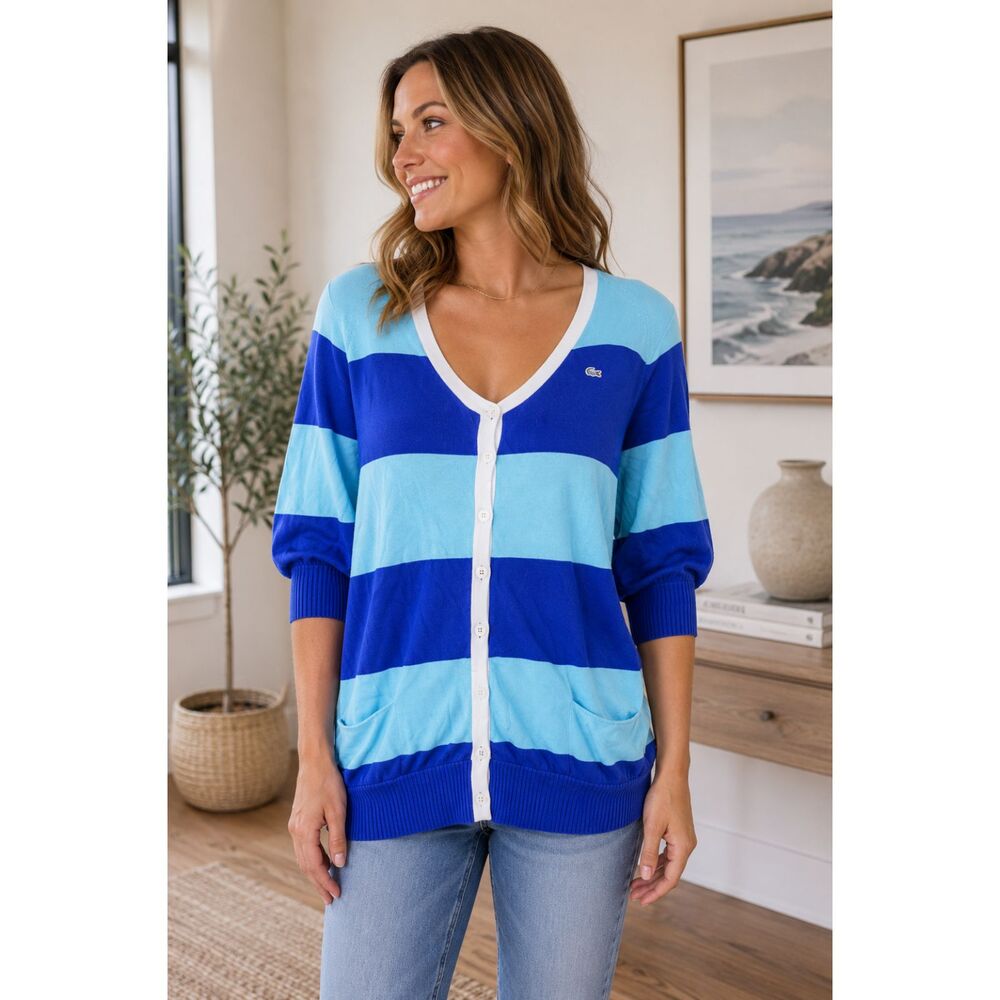 Lacoste Cotton Stripe Cardigan Sweater 3/4 Sleeve Blue Women's 36 (US 4)